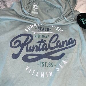 Men's Blue Hoodie L Punta Cana green pocket drawstring
